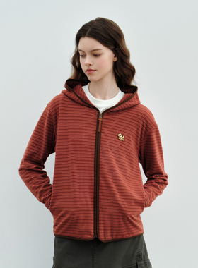 PSO Brand女装可爱小狗条纹撞色连帽红色卫衣女款休闲开衫外套