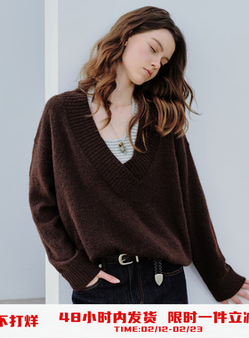 PSO Brand女装假两件条纹V领毛衣背心宽松长袖挂脖上衣毛线衣女款