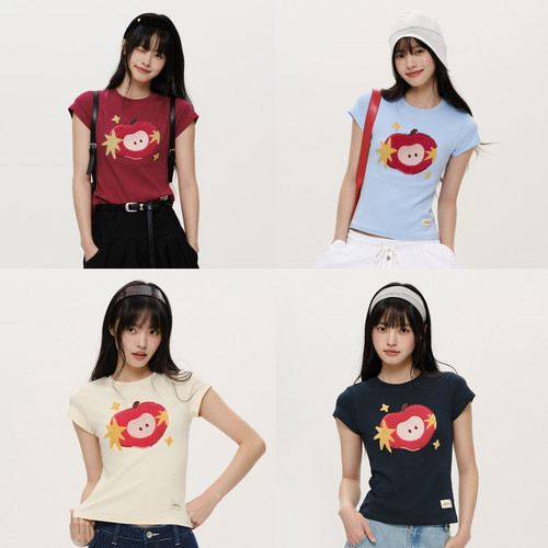 PSO Brand 女装可爱毛绒苹果圆领短款短袖上衣修身显瘦收腰T恤夏