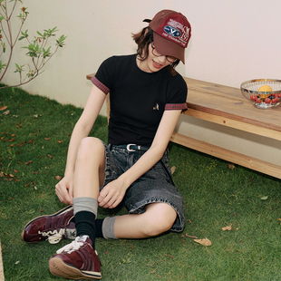 情侣圆领短袖 PSO 遛狗小人拼接格纹绣花重磅短袖 女装 T恤 Brand男装