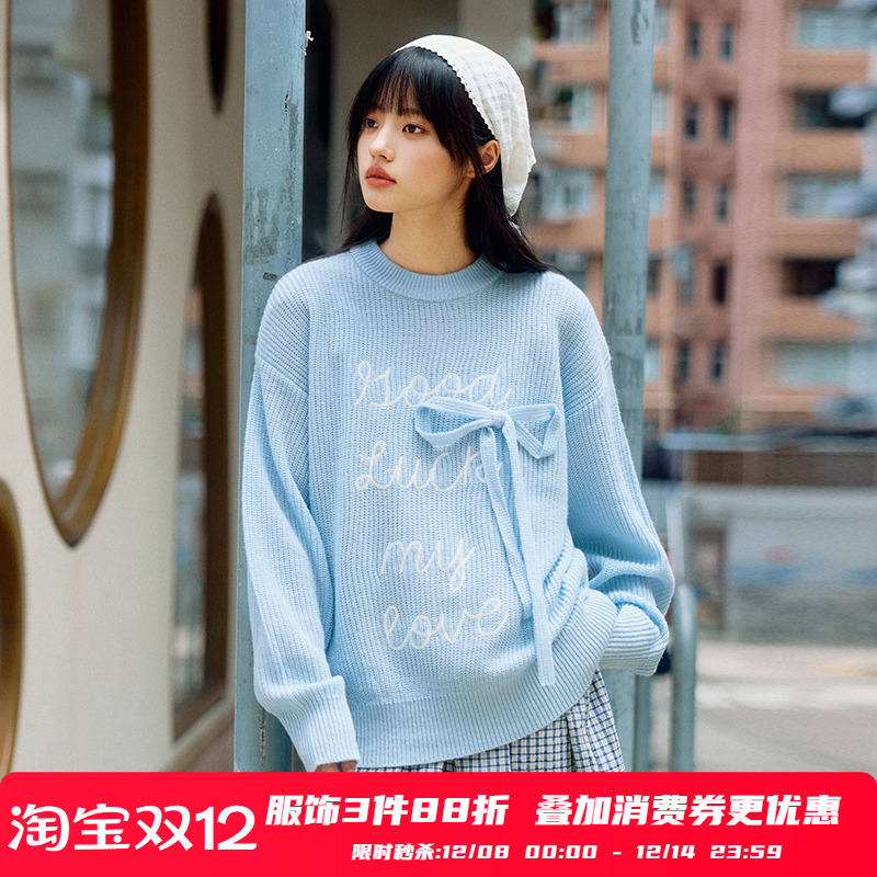 PSO Brand女装仿马海毛蝴蝶结刺绣文字套头圆领毛衣针织衫上衣秋