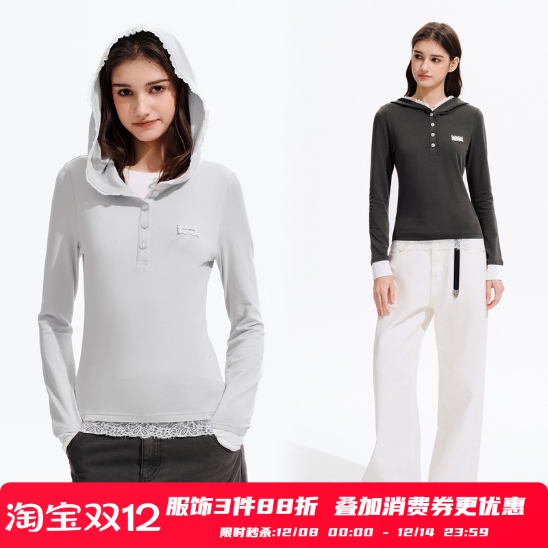 PSO Brand女装假两件莫代尔针织连帽女士长袖上衣修身显瘦蕾丝t恤