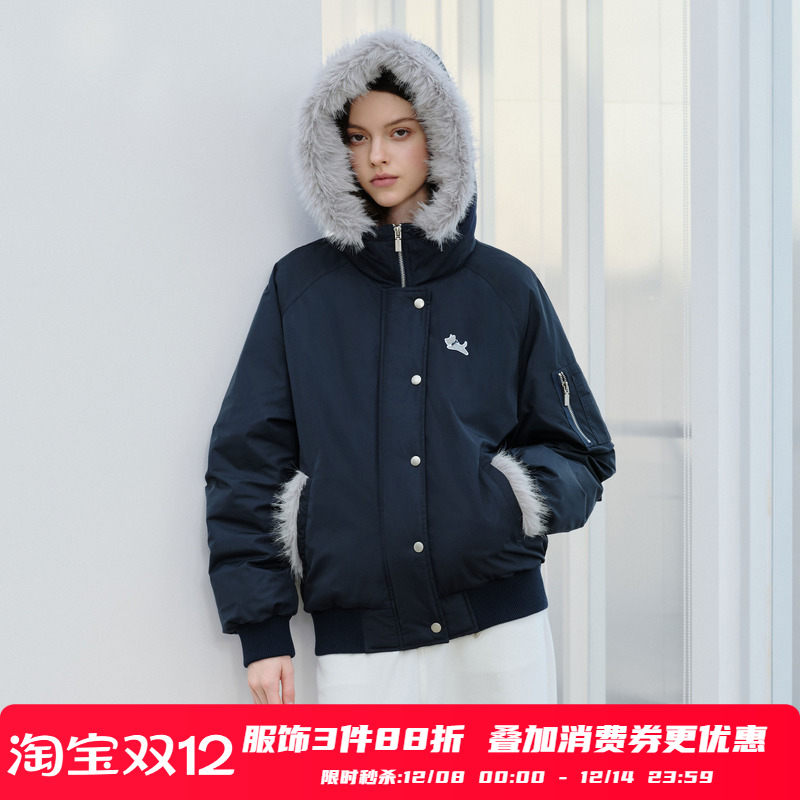 PSO Brand女装可爱小狗复古毛领连帽棉服女款冬季保暖夹克外套