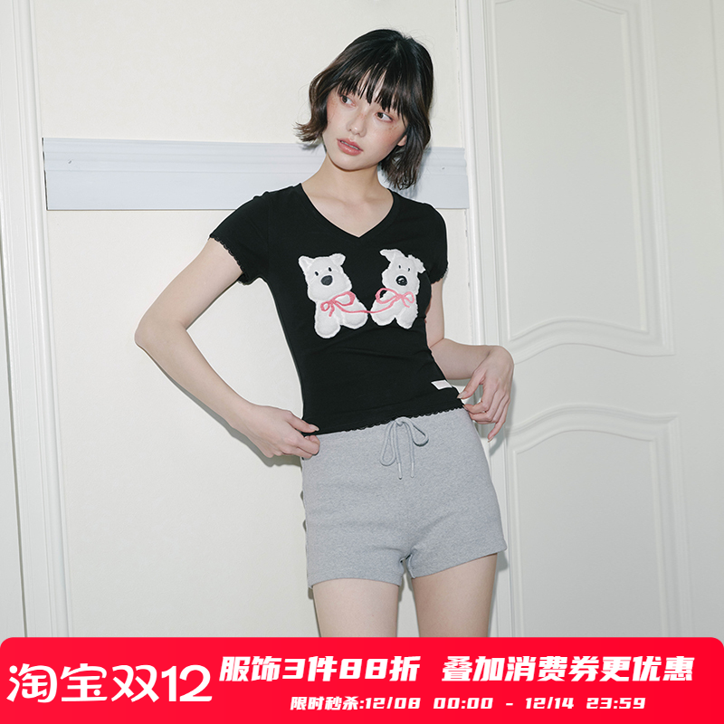 周深同款PSO Brand女装【假两件蕾丝款】可爱小狗V领短袖T恤夏季