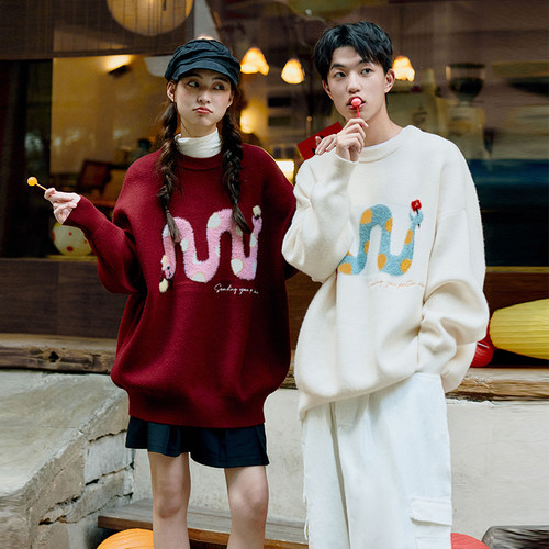 PSO Brand男装女装贪吃蛇圆领宽松红色毛衣冬季保暖针织衫毛线衣