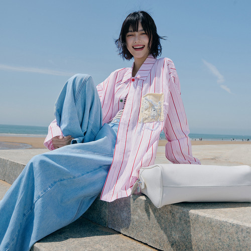 PSO Brand 男装女装可爱西高地撞色条纹女士衬衫外套长袖休闲衬衣