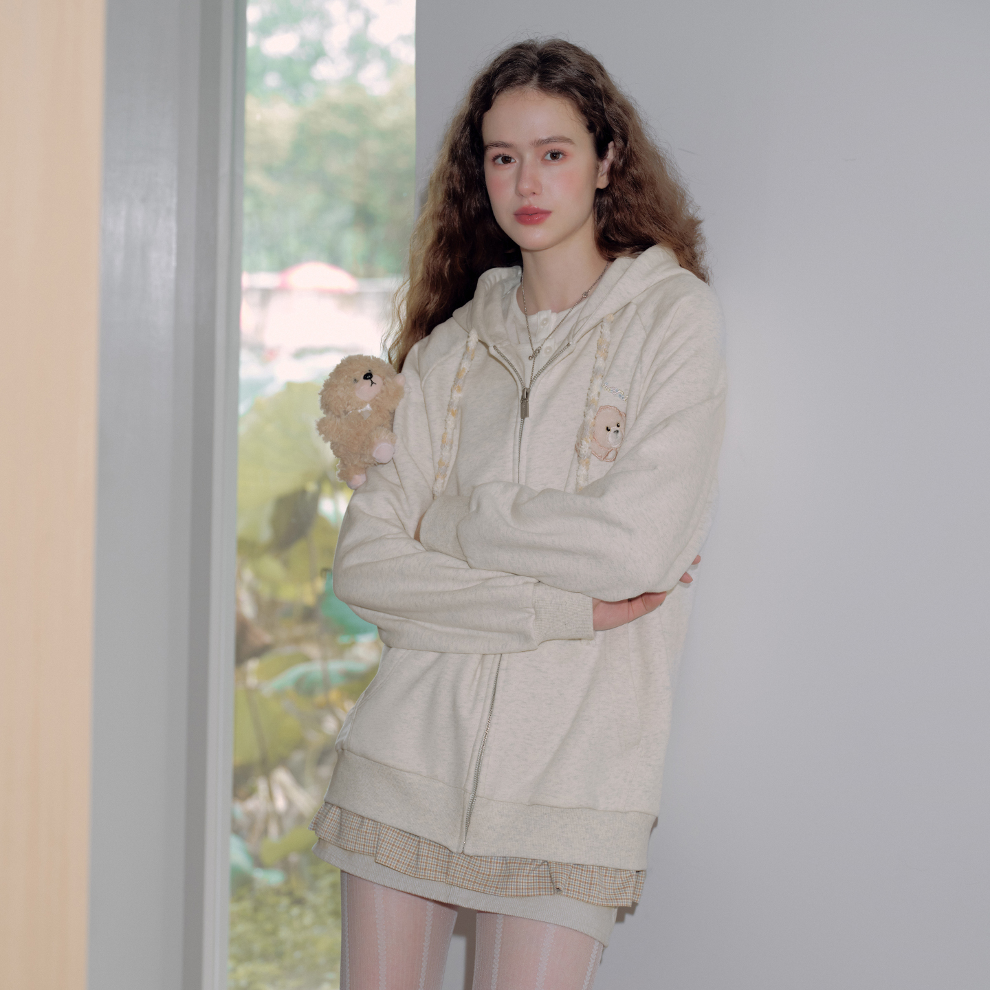 PSO Brand女装【假两件可拆卸玩偶】抓绒连帽卫衣女款拉链外套秋