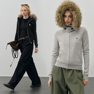 修身 可爱小狗毛领连帽休闲灰色卫衣女款 显瘦外套 Brand女装 PSO