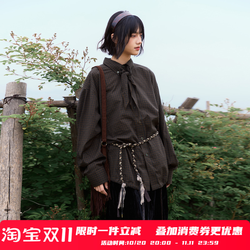 PSO Brand男装女装老钱风复古格纹可拆卸格子丝巾长袖衬衫外套秋