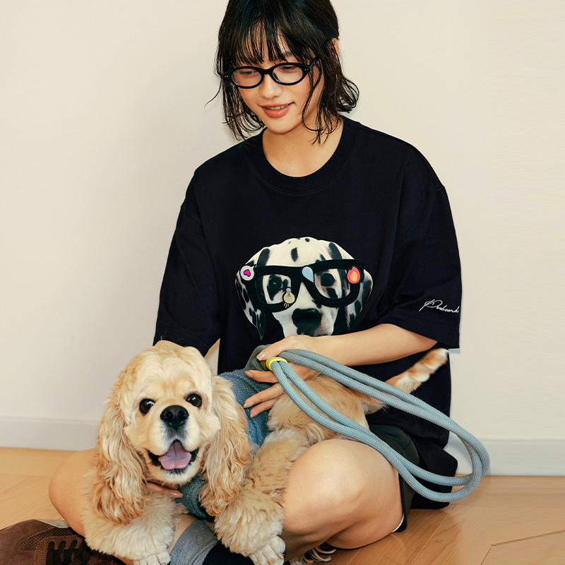 PSO Brand男装女装五合一功能针织眼镜小狗印花短袖T恤半袖上衣潮