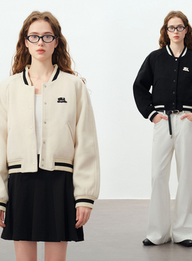 PSO Brand女装可爱小狗呢子女士短外套黑色夹克棉服休闲棒球服