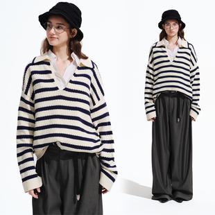 气质女士上衣宽松慵懒风毛线衣 V领撞色条纹POLO款 PSO Brand女装