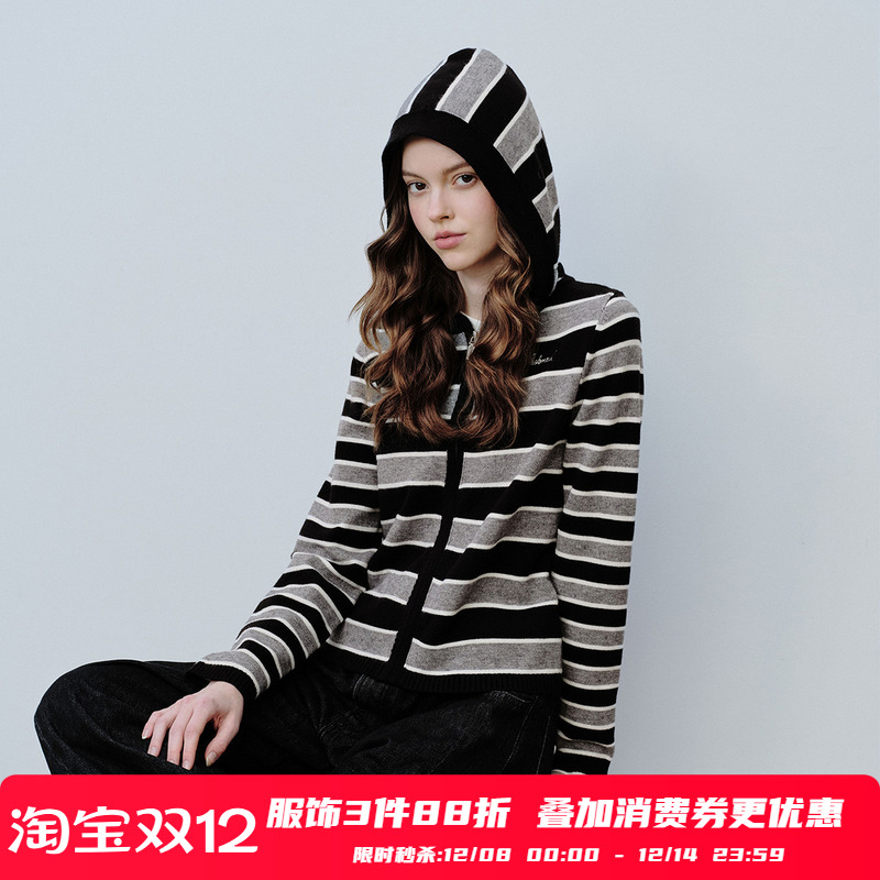 PSO Brand女装仿兔绒条纹撞色连帽毛衣外套休闲针织开衫上衣潮牌