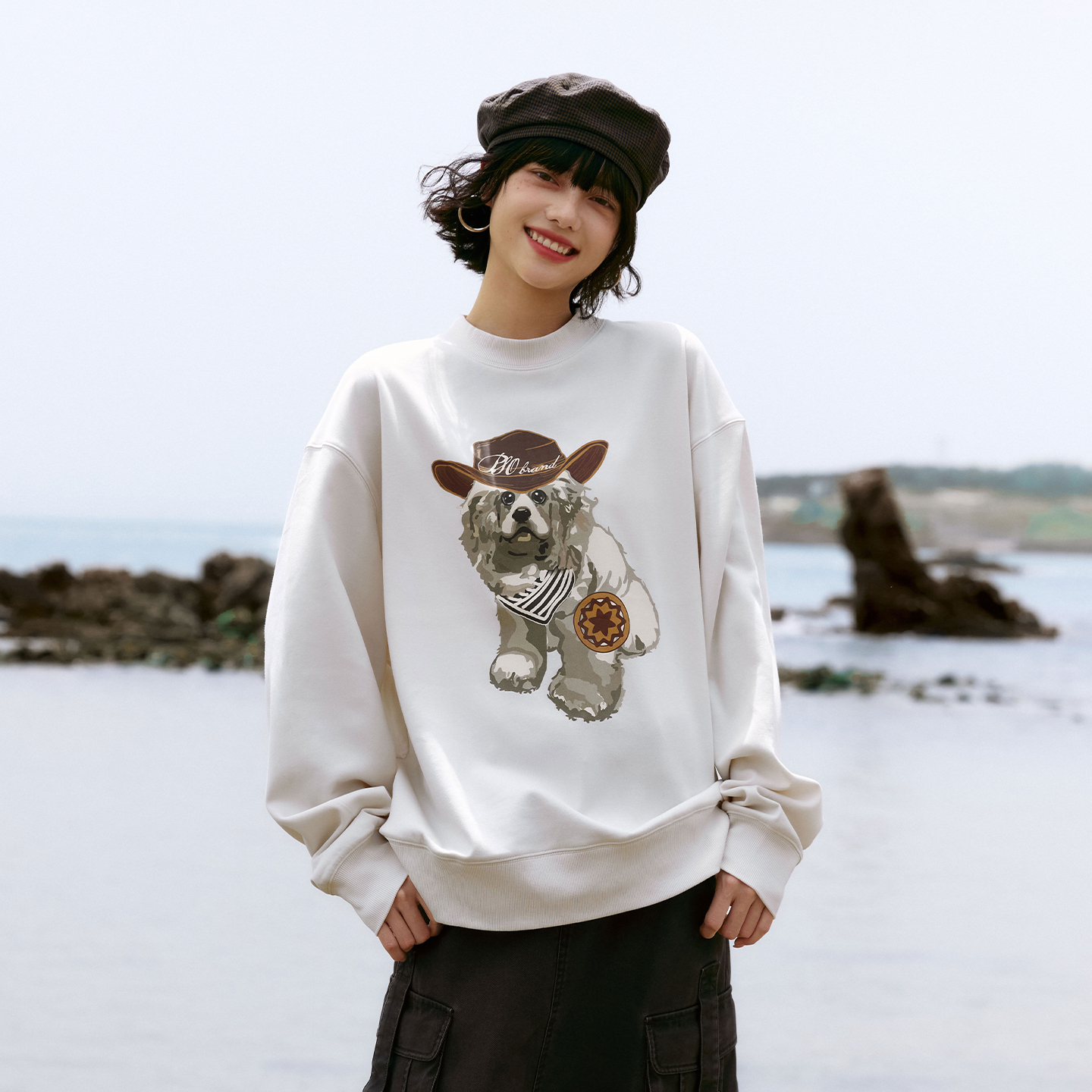 PSO Brand 男女装可爱西部风小狗印花圆领宽松卫衣秋季长袖上衣潮