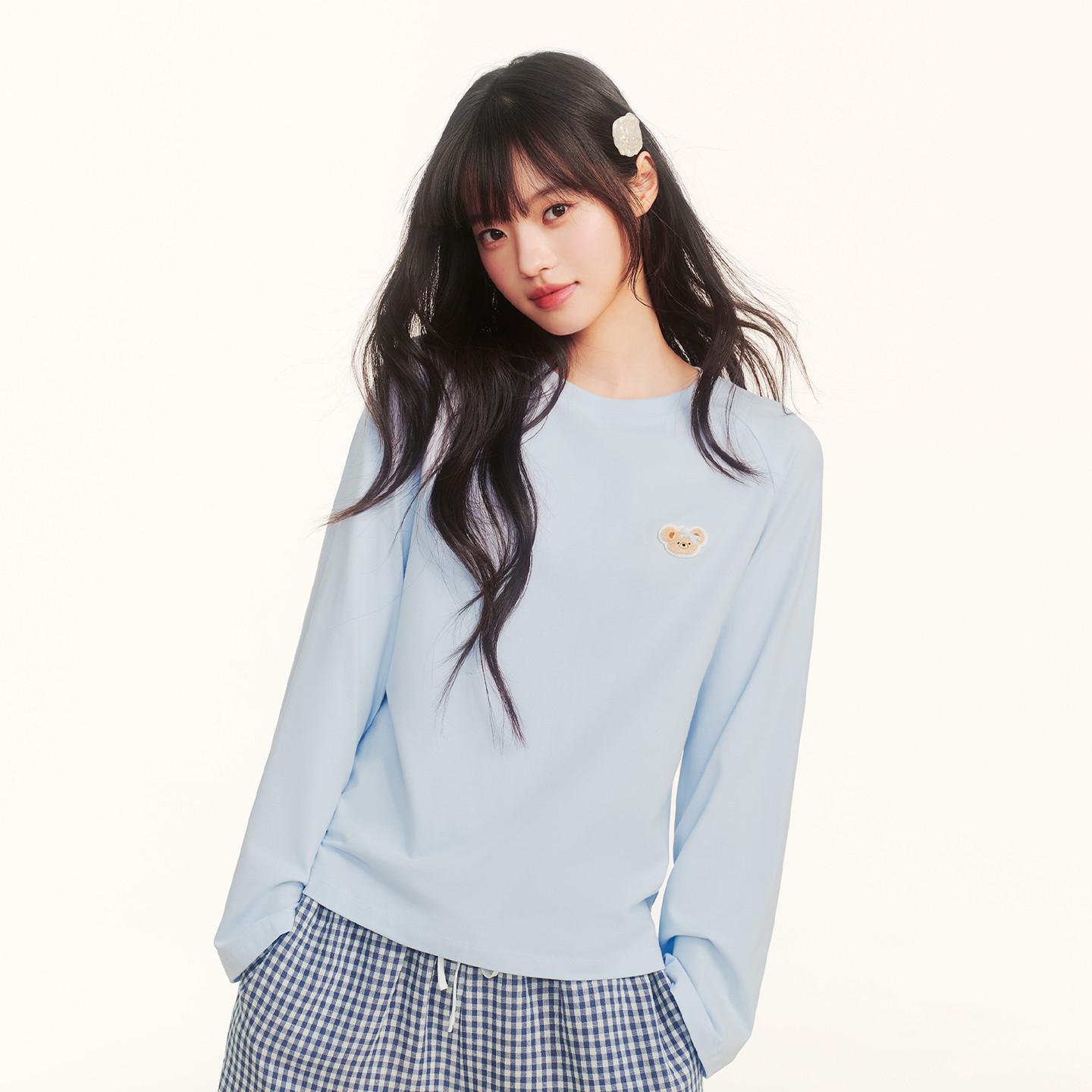 PSO Brand女装奶芙小熊莱赛尔基础款长袖上衣女休闲纯色微宽松t恤图片