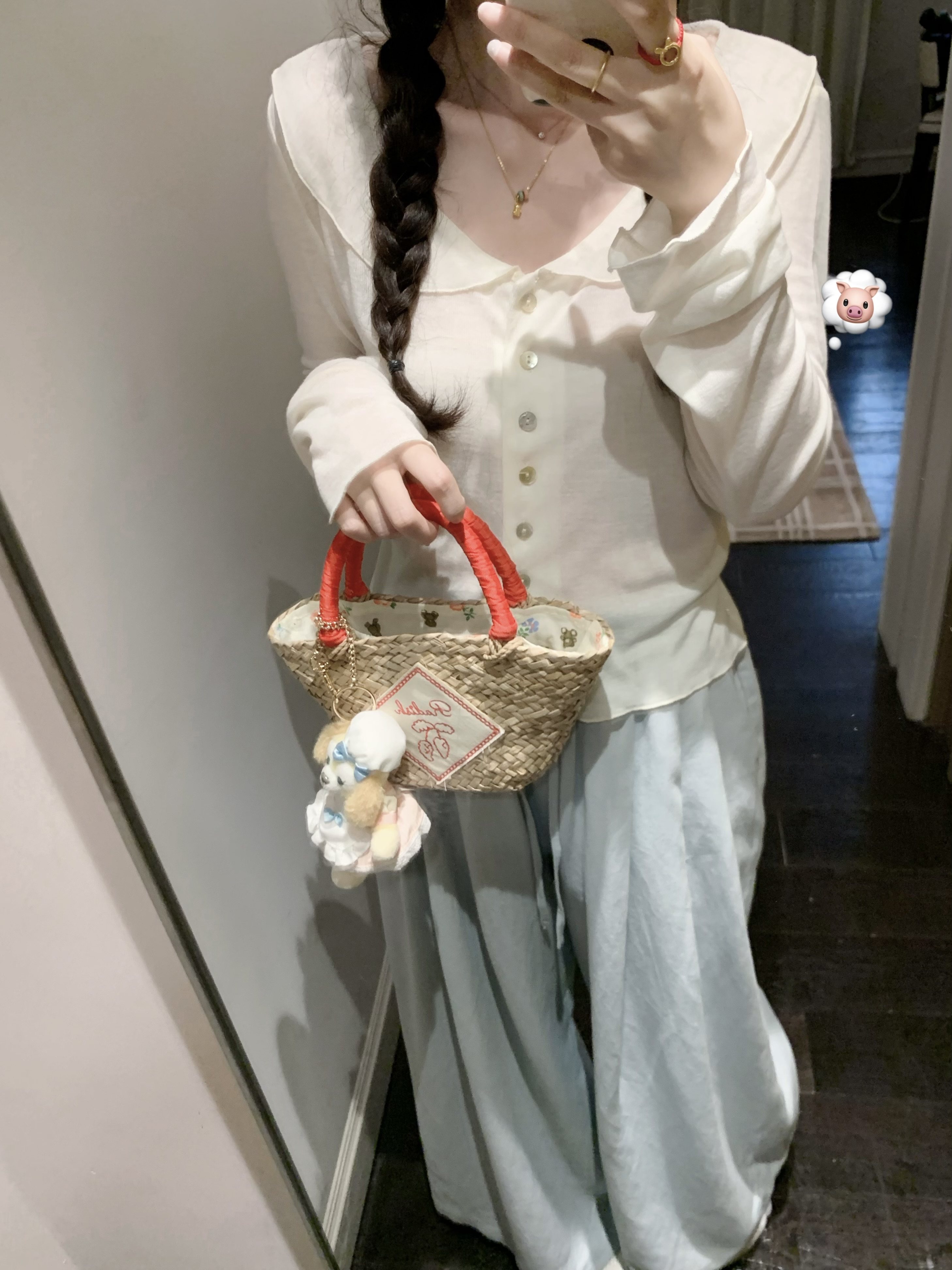 krismerryland湖蓝色苎麻棉百搭休闲阔腿长裤