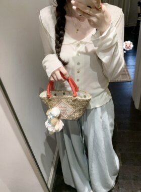 krismerryland湖蓝色苎麻棉百搭休闲阔腿长裤