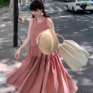 Emilyying2025新款 胭脂红全棉重工木耳边宽松大摆背心裙