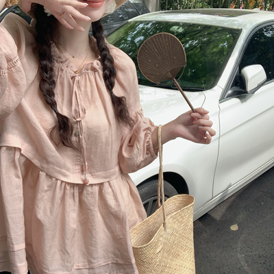 Emilyying春夏新款文艺粉色纯苎麻七分袖娃娃衫衬衫