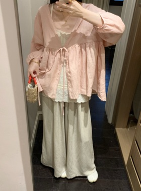 krismerryland粉色少女苎麻棉oversize防晒长袖衬衫