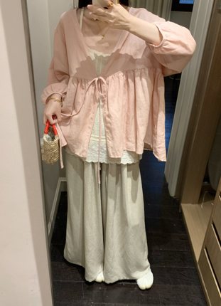 krismerryland粉色少女苎麻棉oversize防晒长袖衬衫