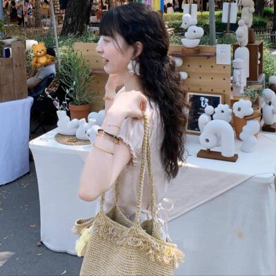 Emilyying2025新款杏粉色纯亚麻花边领纯欲短袖上衣