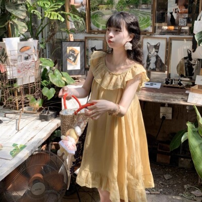 Emilyying2025新款黄色纯苎麻花边领夏日连衣裙