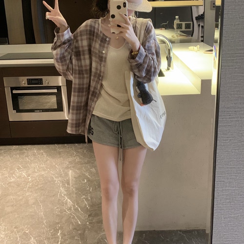 Emilyying全棉格子慵懒宽松遮阳防晒长袖衬衫