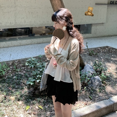 Emilyying夏季新款甜美miu系咖色波点防晒长袖针织开衫