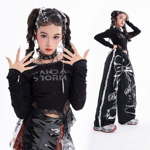 女童爵士舞jazz百搭亮钻闪粉蕾丝长袖T恤长裤套装儿童街舞演出服