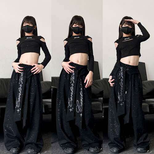 春季新款童装潮酷女童修身露肩长袖绑带满钻裤子少儿爵士舞套装