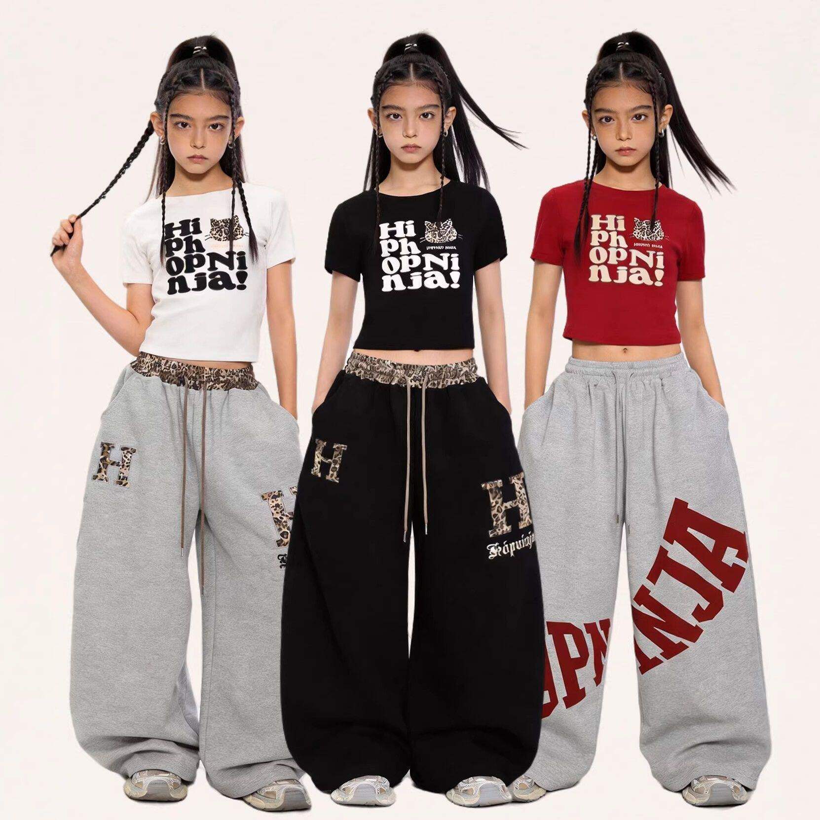 女童夏季圆领短袖修身t恤儿童爵士舞休闲运动卫裤套装表演出服