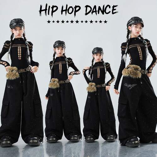 女童街舞演出服黑色镂空露脐爵士舞练功服女孩走秀潮服酷感风