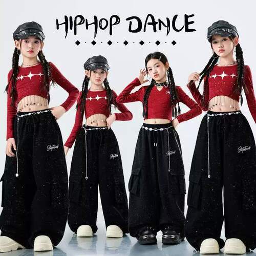 爵士舞服装女童潮酷时髦元旦喜庆表演服儿童走秀潮女团舞蹈服套装