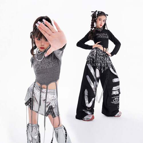 女童爵士舞jazz亮钻长袖T恤长裤套装儿童时髦个性女团街舞演出服