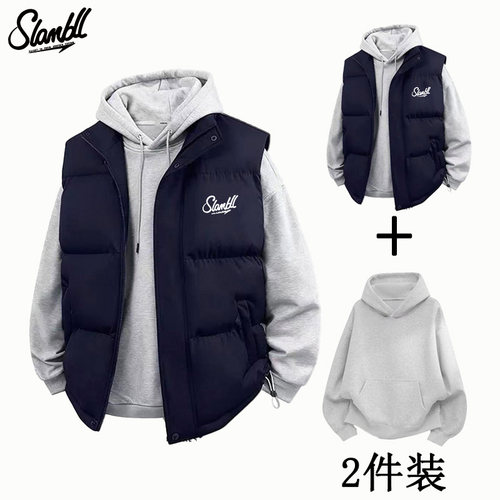SLAMBALL美式藏青色棉服马甲男款冬季加绒加厚潮牌立领棉衣外套