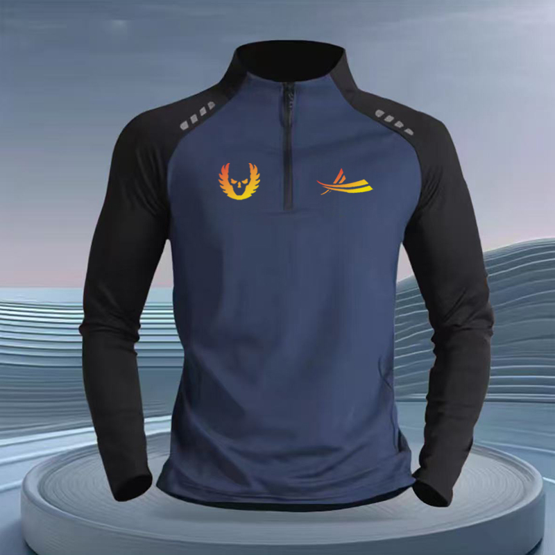 沃兰户外运动速干长袖T恤男士秋冬季排汗田径健身半拉链骑行服