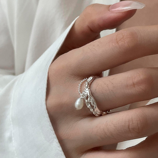 2025新款纯银戒指女 天然灰月光石珍珠百搭气质挂ins潮冷淡风指环