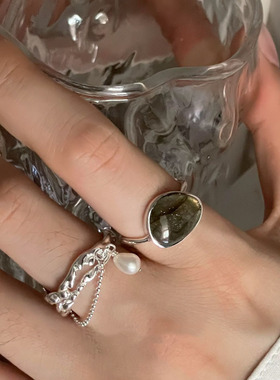 2025小众禁果纯银戒指女天然灰月光石珍珠气质ins潮冷淡风指环