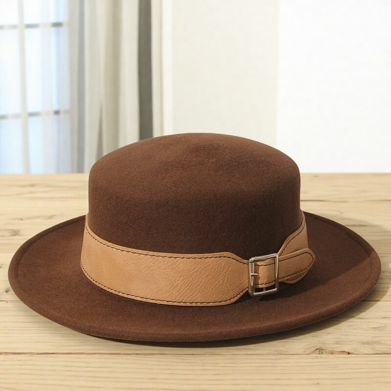 秋冬平顶羊礼帽女平沿宽沿毡帽英伦毛呢帽黑色羊毛帽出逛街百搭潮