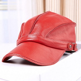 男女士真皮棒球帽春秋薄款头层牛皮鸭舌帽休闲潮大红色皮帽子冬