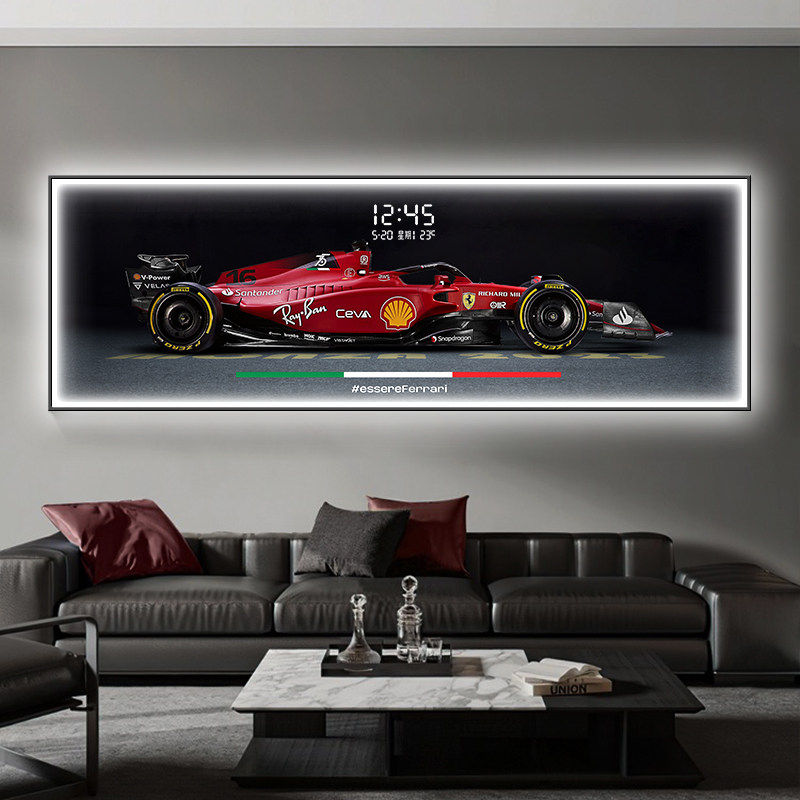 F1赛车法拉利汽车客厅装饰画万年历电子钟表高级感沙发背景墙壁灯