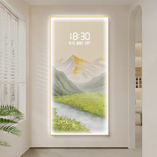 流水生财玄关装饰画LED灯发光电子屏钟表壁画奶油风客厅过道挂画