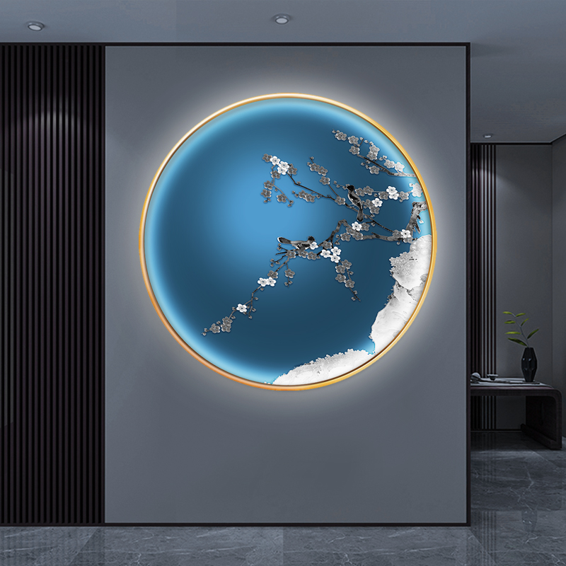 新中式圆形装饰画轻奢玄关茶室花鸟灯画高级感中国风卧室床头挂画图片