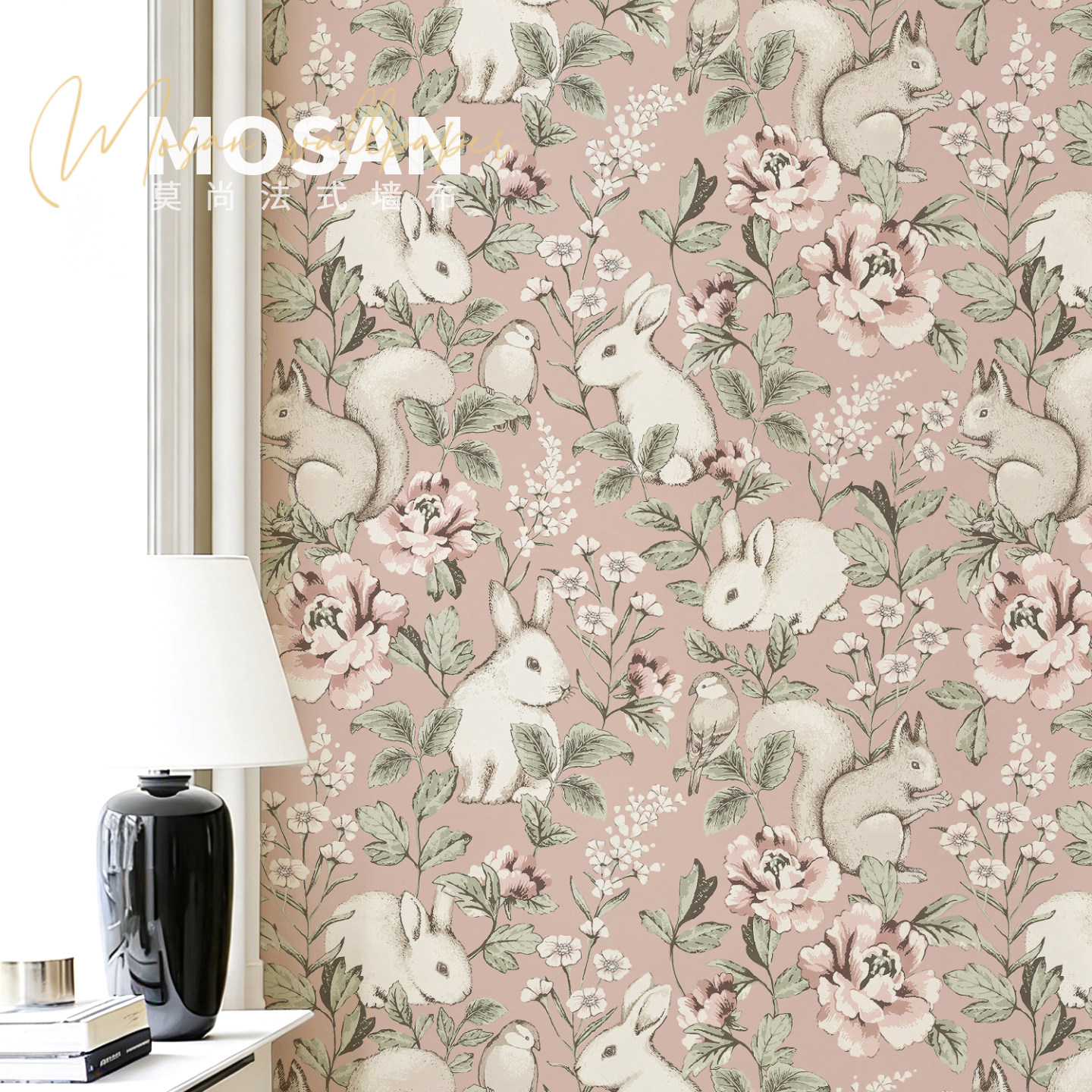 小动物森林粉红兔兔女儿房墙布儿童房墙纸背景墙壁布无缝壁纸定制
