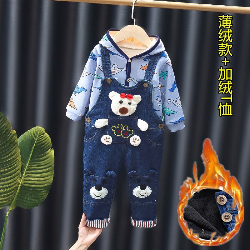 秋冬新款男童背带裤子婴幼儿童装牛仔棉裤加厚女宝宝加绒背带套装