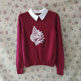 拼接女衫 仅155码 可爱风撞色翻领毛衣女针织衫 韩式 黑色B17 专柜清