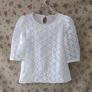 刺绣圆领洋气精致显瘦上衣衬衣A09 女中袖 捡漏专柜正品 清货蕾丝衫