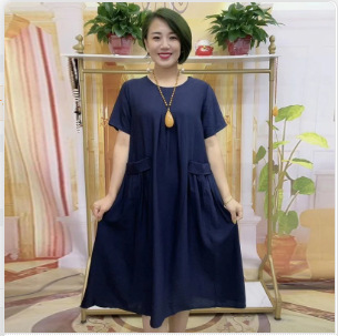减龄中长款 时尚 深蓝色裙子 宽松休闲连衣裙女夏季 大码