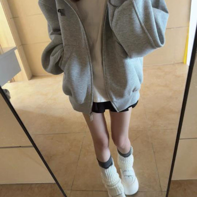 秋季慵懒风灰色拉链开衫上衣情侣重磅高领空气层连帽卫衣外套女款